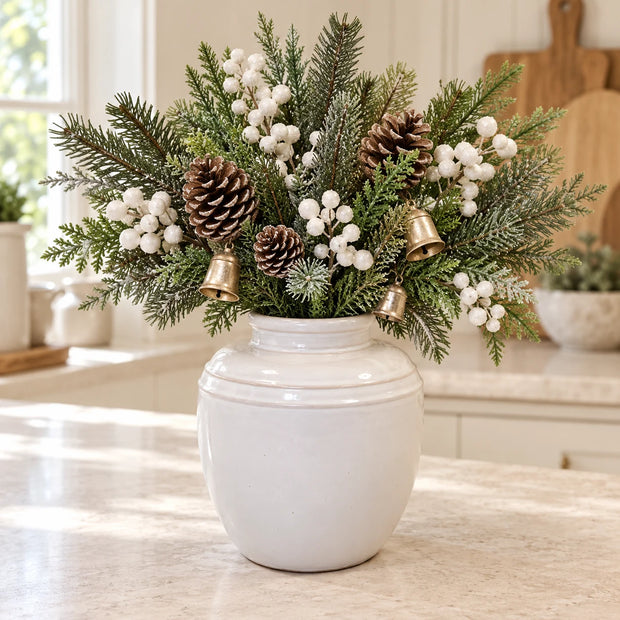large white rustic ceramic vase, 19 × 19 × 21 cm, kitchen with neutral foliage, white berries, champagne bells and pine cones
