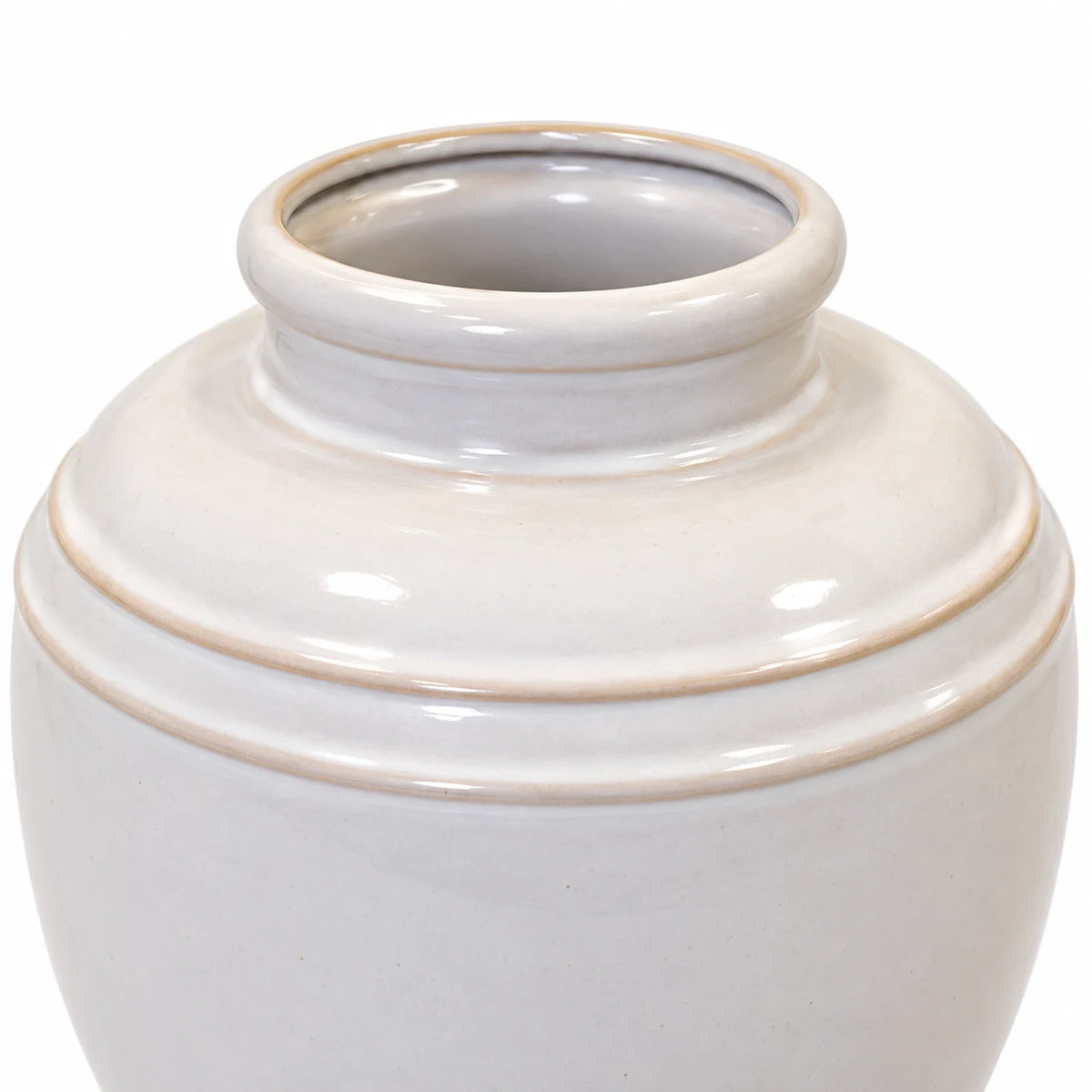 large white rustic ceramic vase, 19 × 19 × 21 cm, rim detail, empty vase on white background