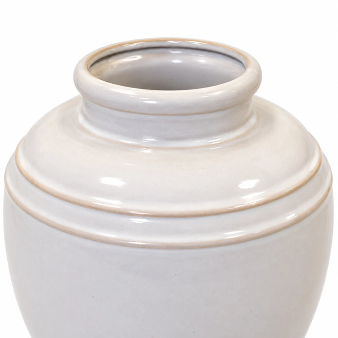 large white rustic ceramic vase, 19 × 19 × 21 cm, rim detail, empty vase on white background