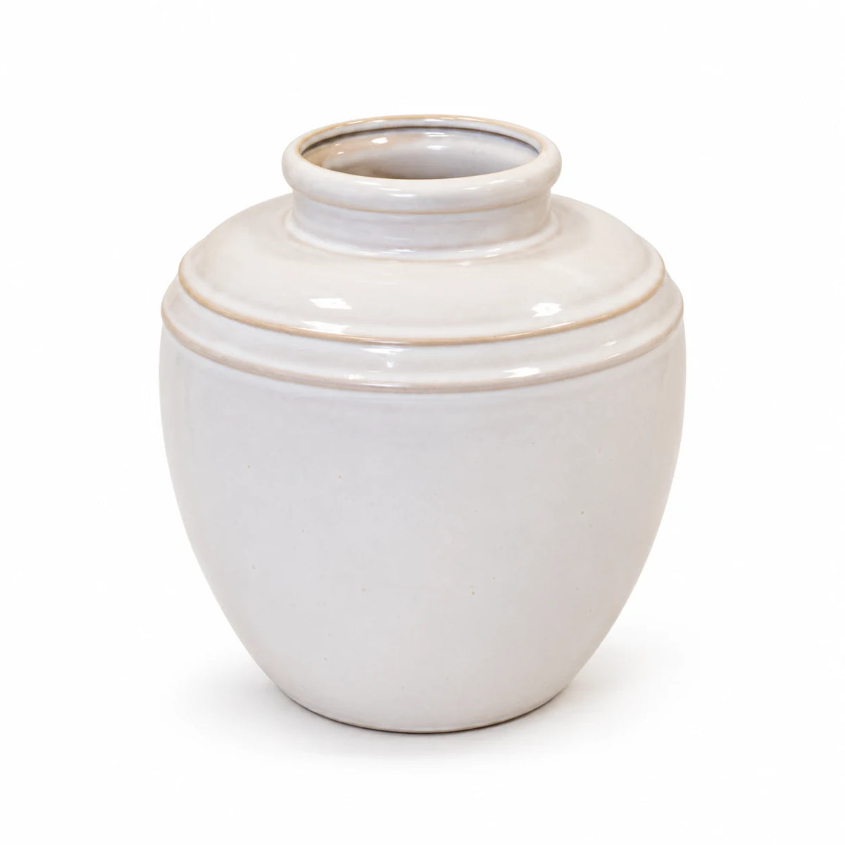 large white rustic ceramic vase, 19 × 19 × 21 cm, studio, empty vase on white background