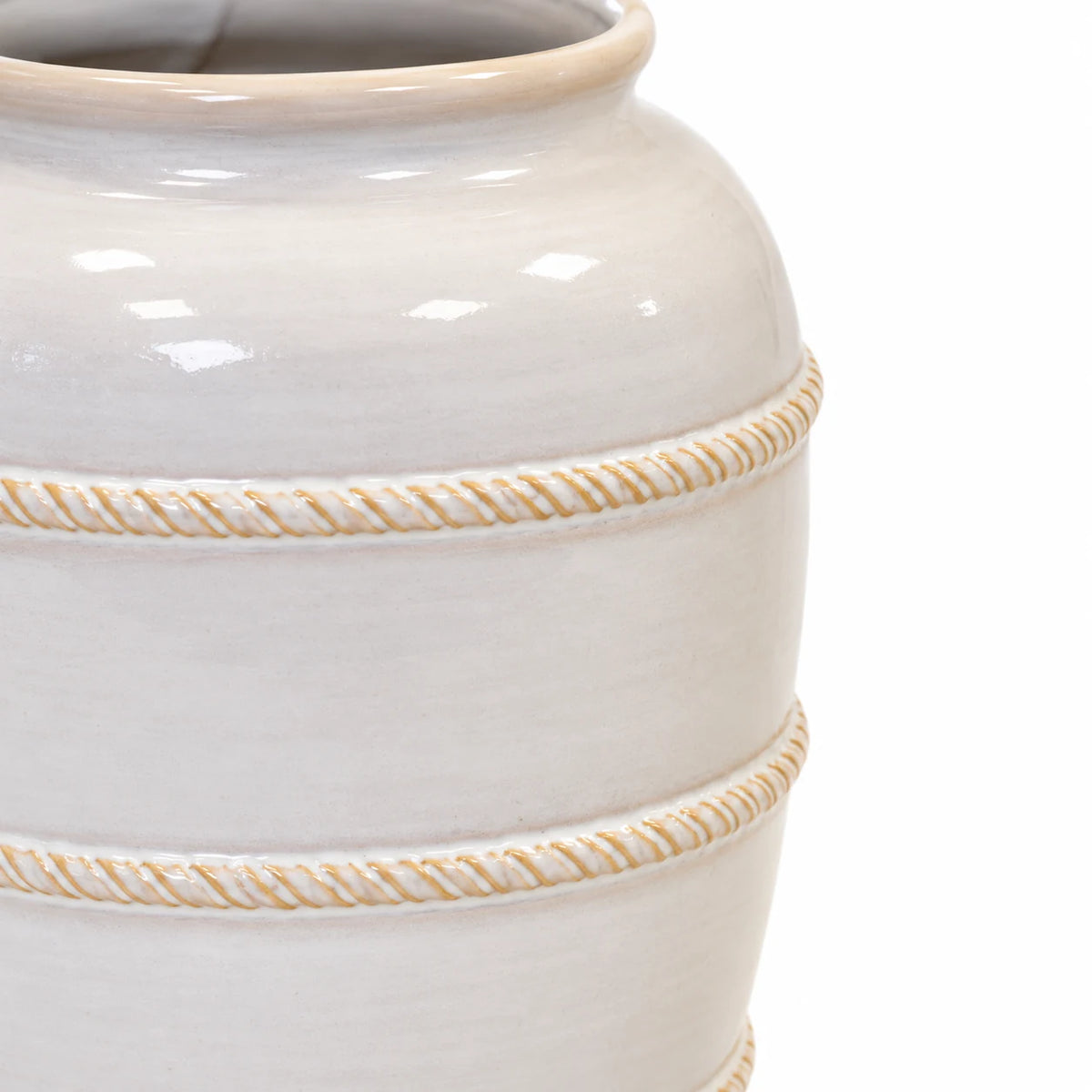medium white rustic ceramic vase, 16 × 16 × 23 cm, band detail, empty vase on white background