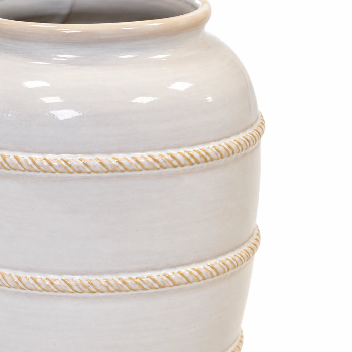 medium white rustic ceramic vase, 16 × 16 × 23 cm, band detail, empty vase on white background