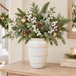 medium white rustic ceramic vase, 16 × 16 × 23 cm, console with neutral foliage, white berries, champagne bells and pine cones