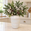 medium white rustic ceramic vase, 16 × 16 × 23 cm, kitchen with neutral foliage, white berries, champagne bells and pine cones