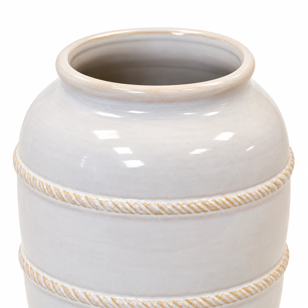 medium white rustic ceramic vase, 16 × 16 × 23 cm, rim detail, empty vase on white background