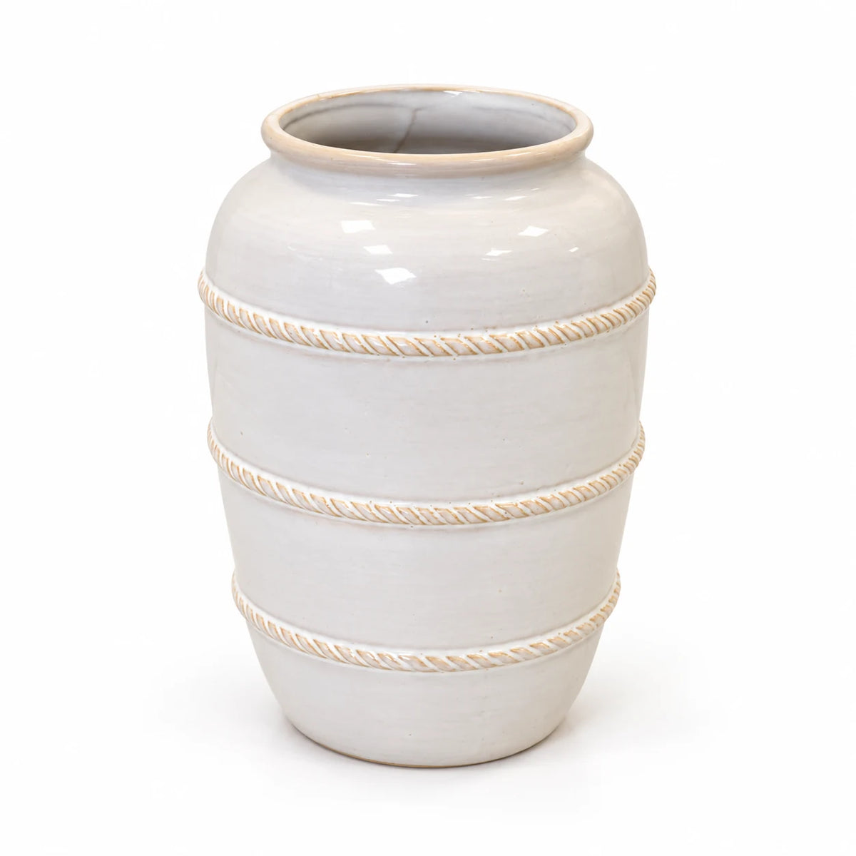 medium white rustic ceramic vase, 16 × 16 × 23 cm, studio, empty vase on white background