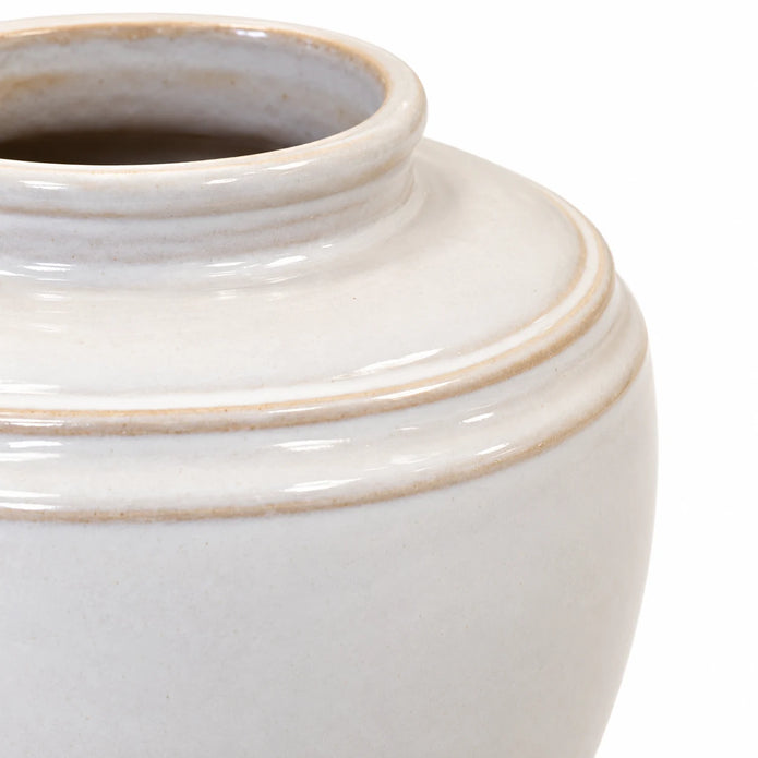 small white rustic ceramic vase, 17 × 17 × 16 cm, band detail, empty vase on white background