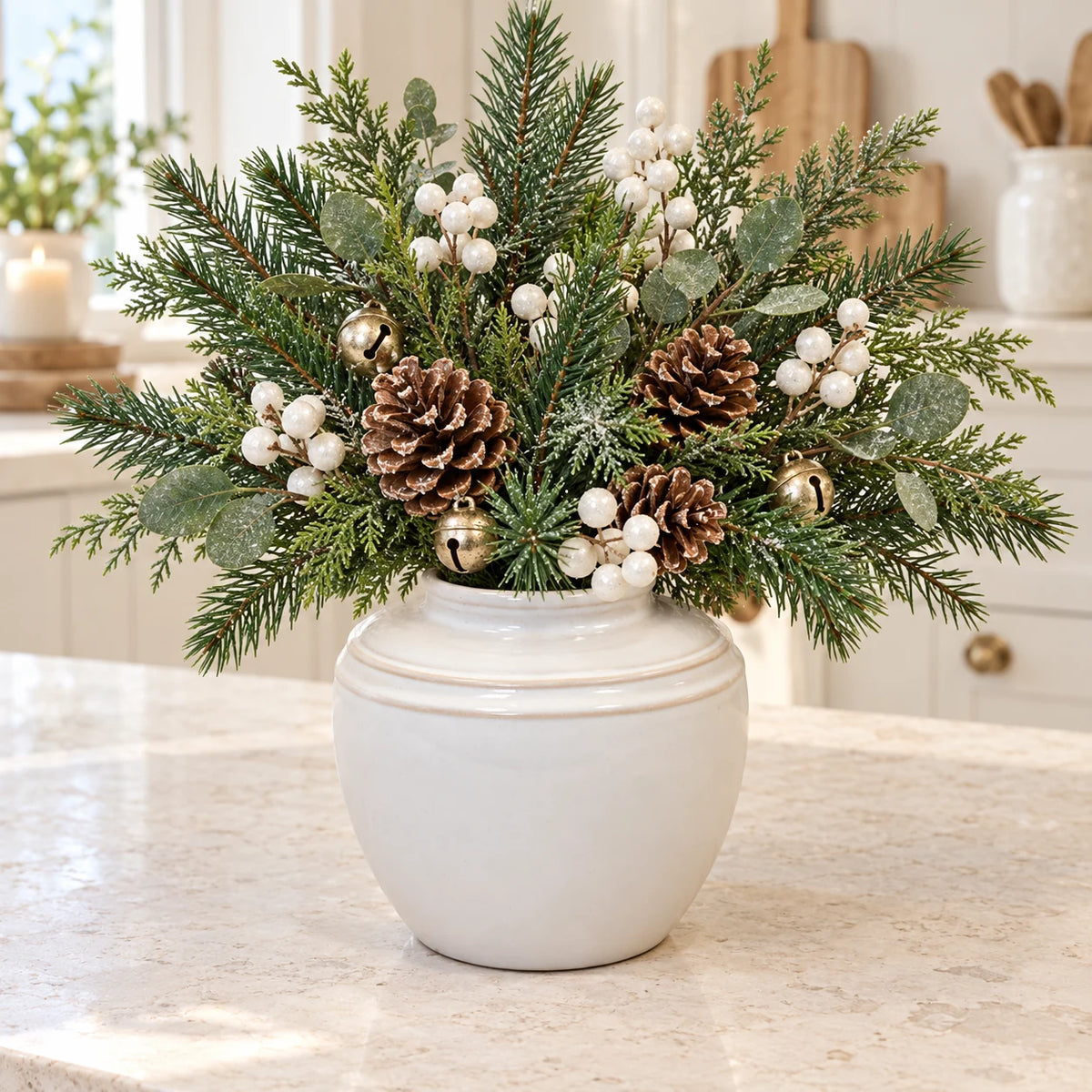 small white rustic ceramic vase, 17 × 17 × 16 cm, kitchen with neutral foliage, white berries, champagne bells and pine cones