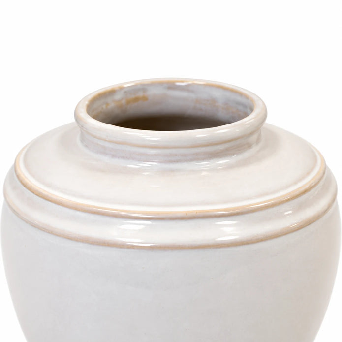 small white rustic ceramic vase, 17 × 17 × 16 cm, rim detail, empty vase on white background