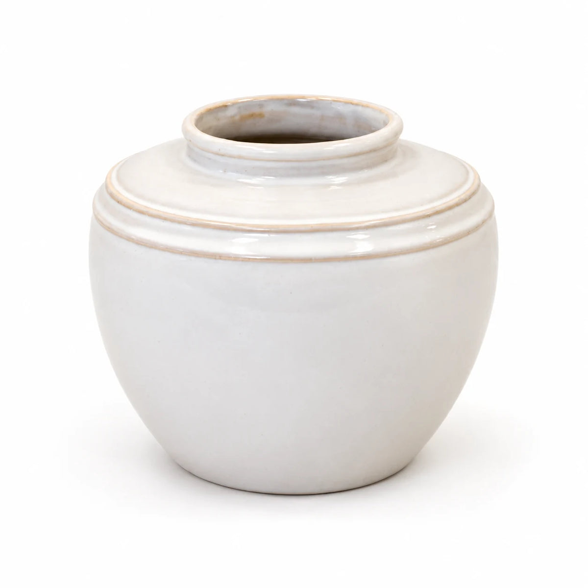 small white rustic ceramic vase, 17 × 17 × 16 cm, studio, empty vase on white background
