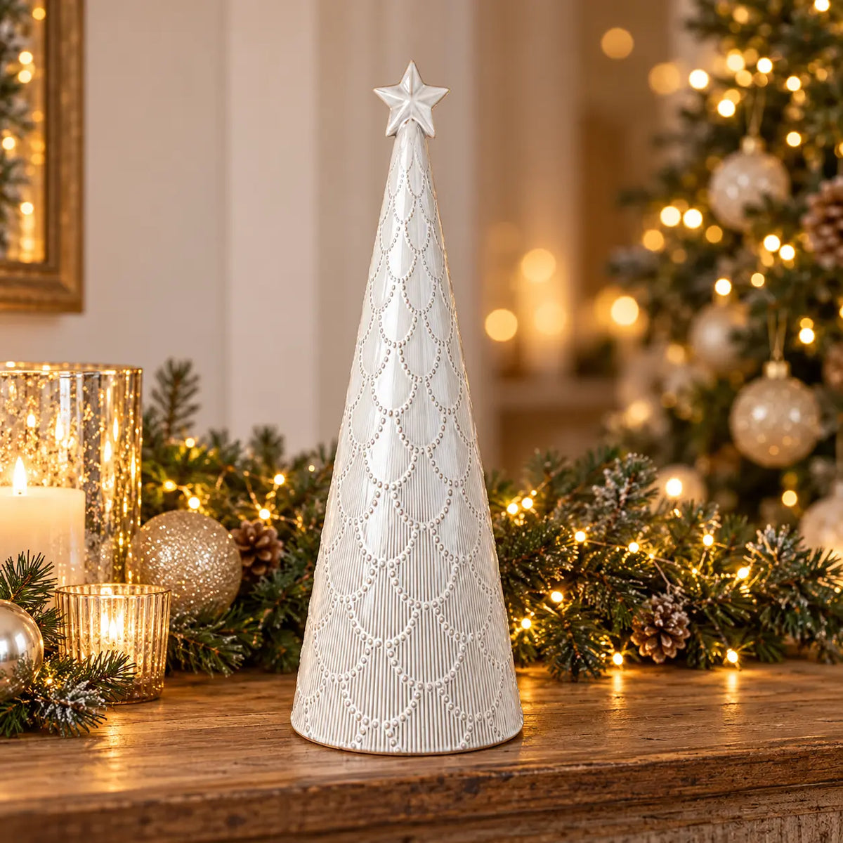 large white scalloped glazed ceramic Christmas tree in a festive Christmas setting with sparkling warm fairy lights