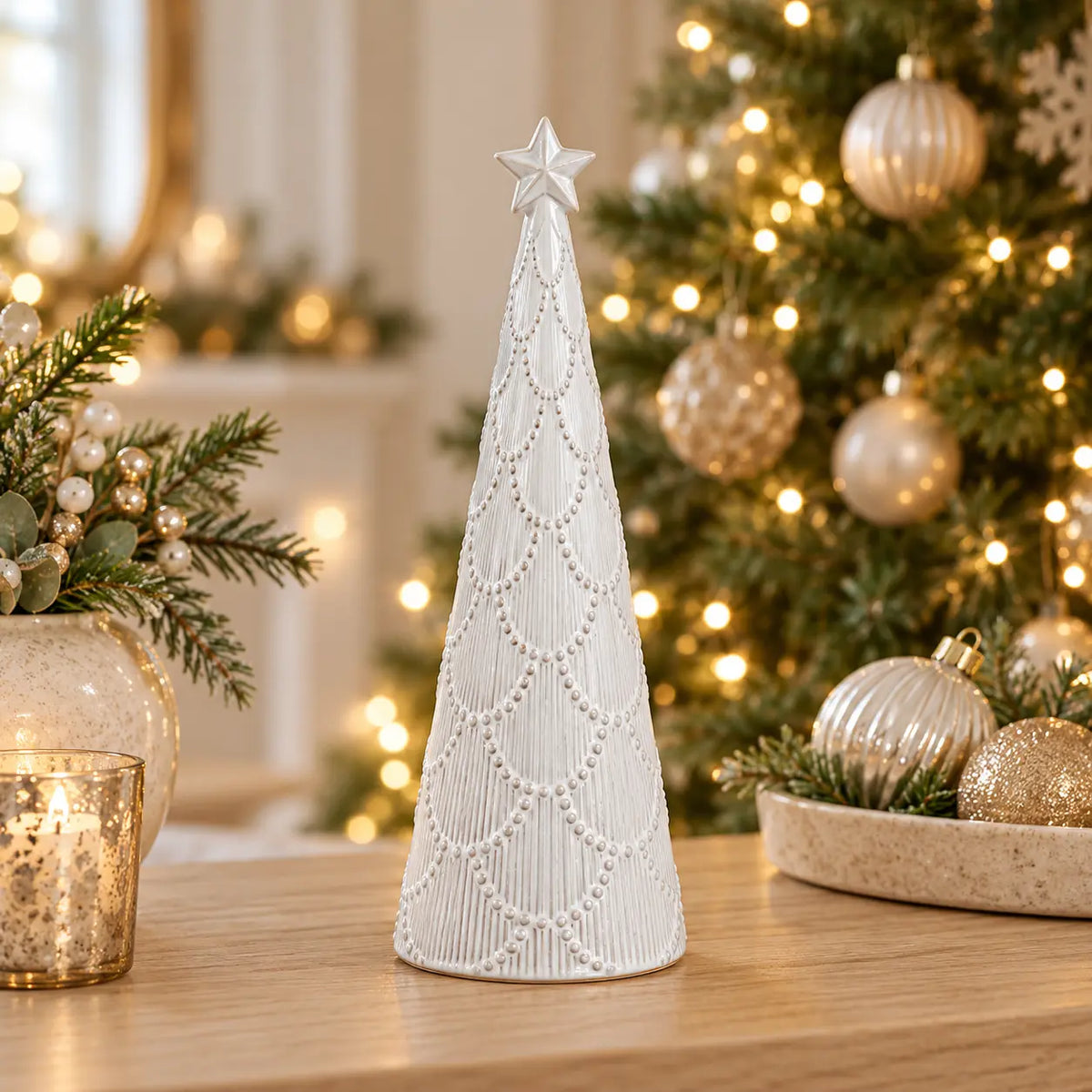 Small white scalloped glazed ceramic Christmas tree by Satchville, featuring festive holiday design on a lifestyle console setting.