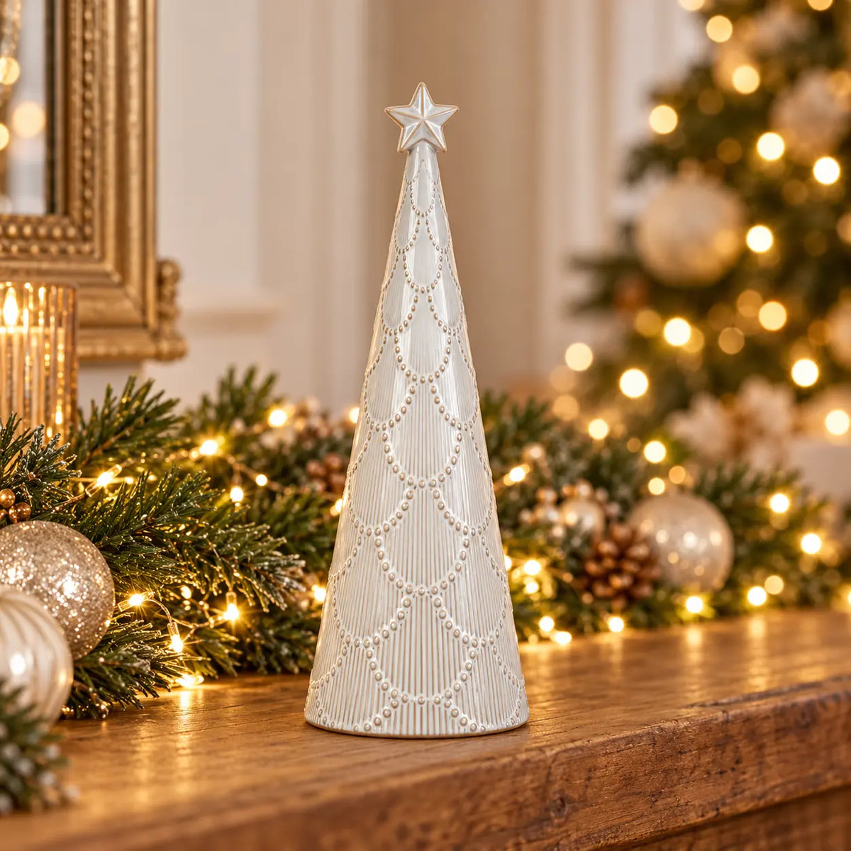 Small white scalloped glazed ceramic Christmas tree by Satchville, featuring a festive design perfect for holiday decor.
