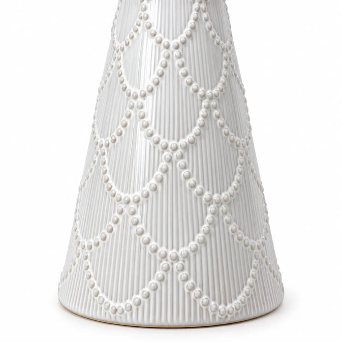 large white scalloped glazed ceramic Christmas tree close-up of ribbed glaze and beaded scallop detail