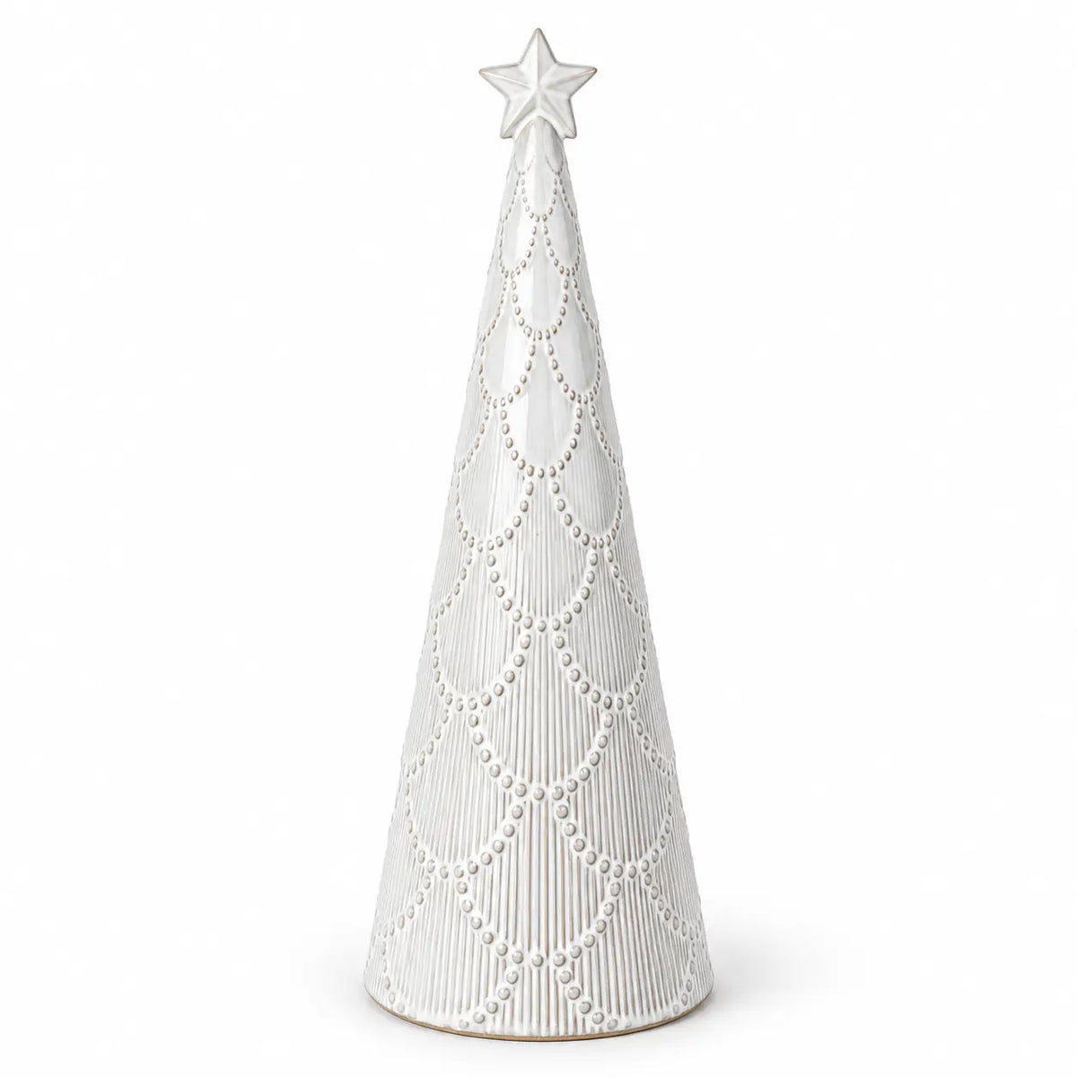 large white scalloped glazed ceramic Christmas tree on a white studio background