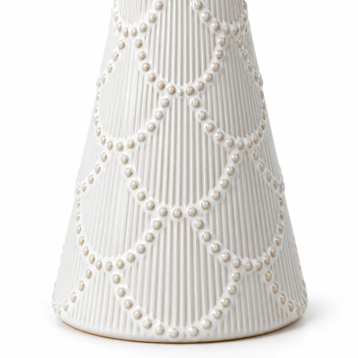 Small white scalloped glazed ceramic Christmas tree by Satchville, featuring a detailed scalloped design and glossy finish.