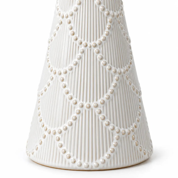 Small white scalloped glazed ceramic Christmas tree by Satchville, featuring a detailed scalloped design and glossy finish.