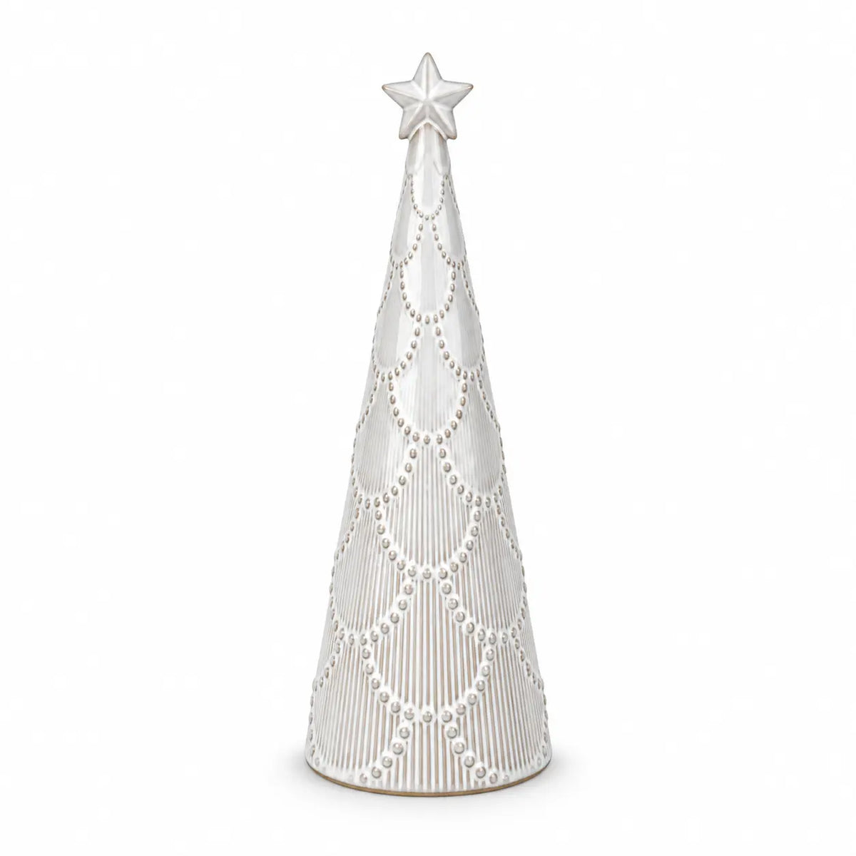 Small white scalloped glazed ceramic Christmas tree by Satchville, featuring a detailed scalloped design and festive holiday style.