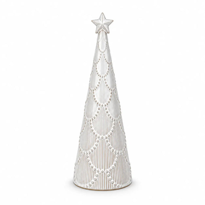 Small white scalloped glazed ceramic Christmas tree by Satchville, featuring a detailed scalloped design and festive holiday style.
