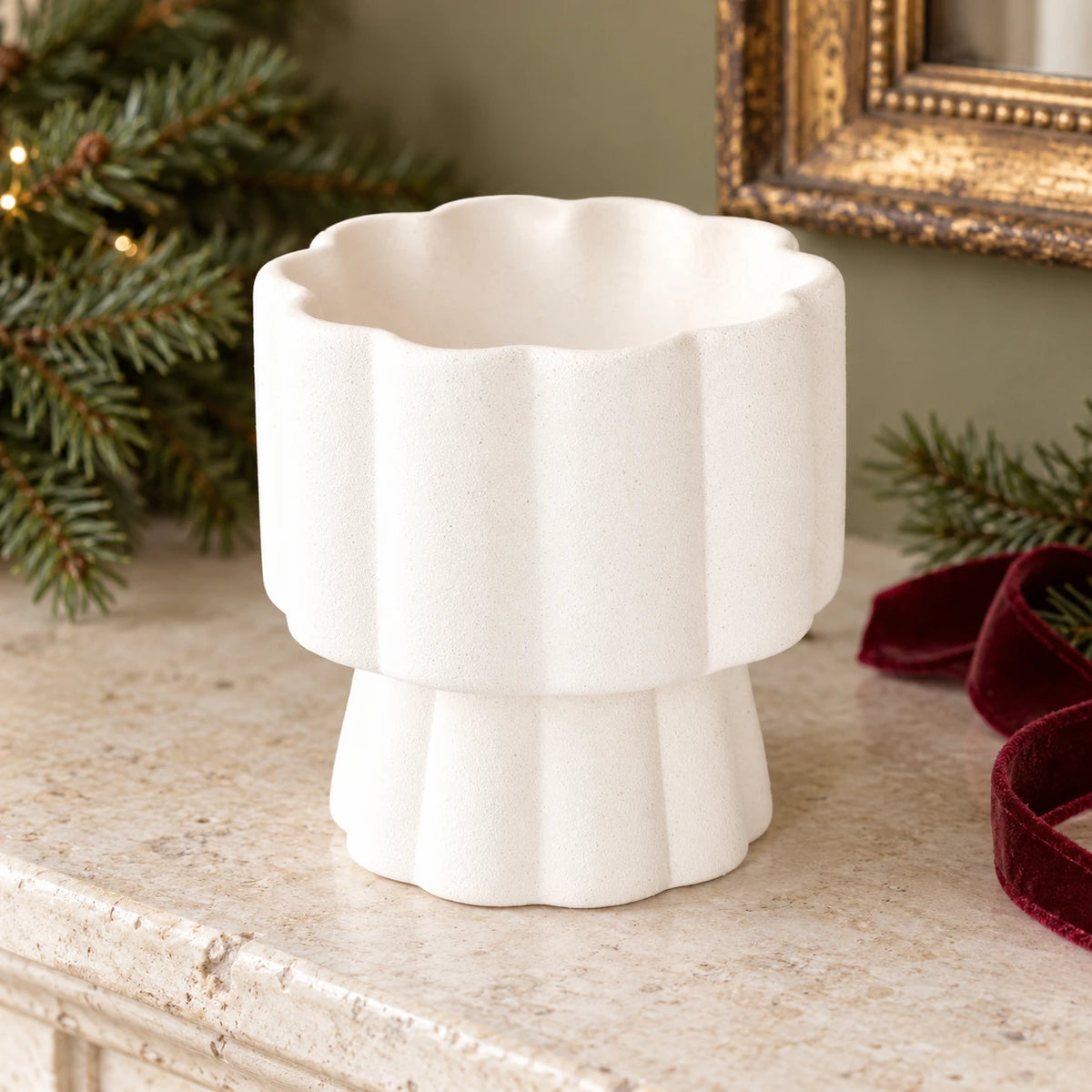 White scalloped pedestal wax melt and oil burner by Something Different Wholesale