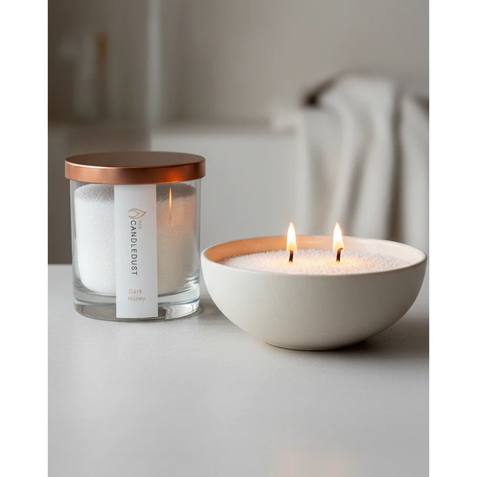 White scented candle sand jar kit by The Candledust, dark honey home fragrance with a wick and decorative sand interior.
