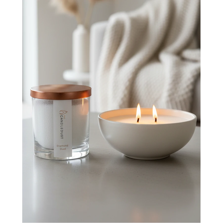 White scented candle in a sand jar with diamond dust, home fragrance by The Candledust, showcasing the elegant candle design.