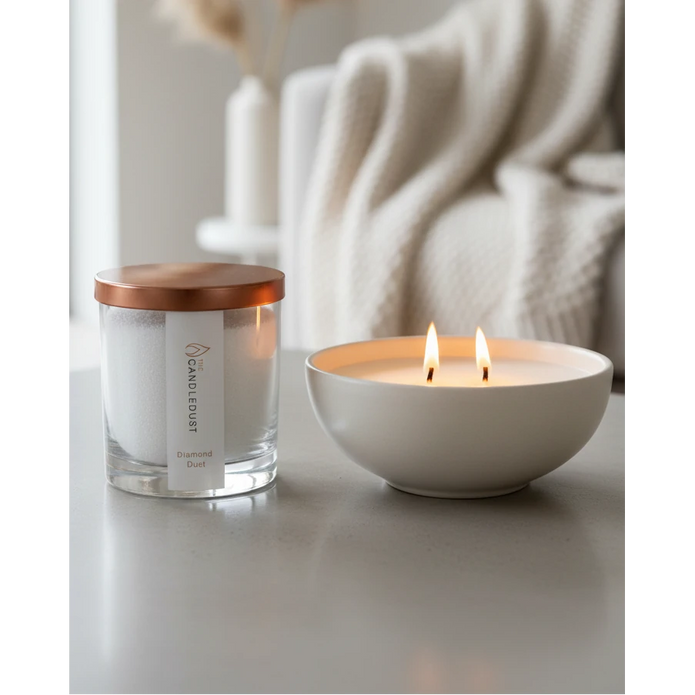 White scented candle in a sand jar with diamond dust, home fragrance by The Candledust, showcasing the elegant candle design.