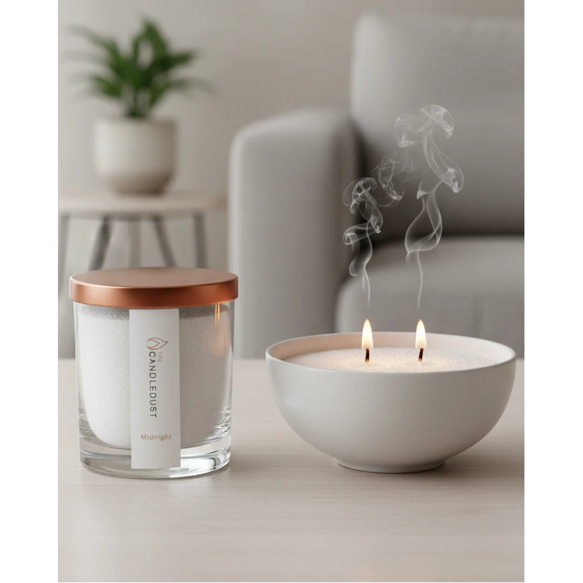 White scented candle in a sand jar from The Candledust Midnight home fragrance kit, with a cozy and minimalist design.