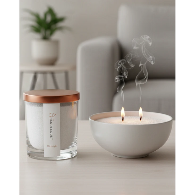 White scented candle in a sand jar from The Candledust Midnight home fragrance kit, with a cozy and minimalist design.