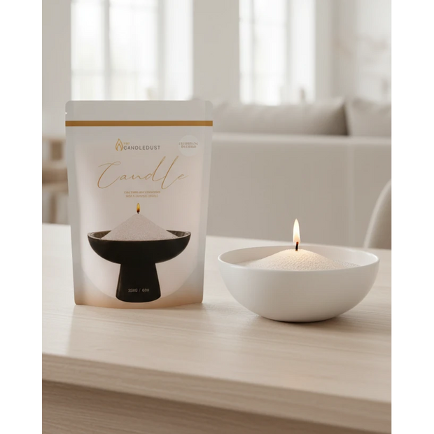 White Scented Candle Sand Kit –  Champagne Rhubarb, candle-sand pouch and lit white bowl on a pale table