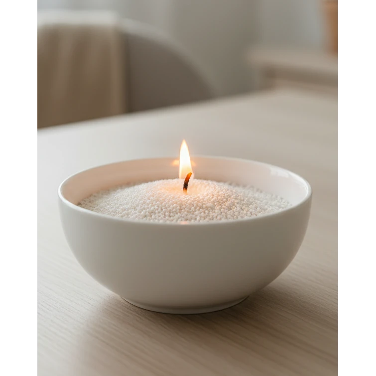 White Scented Candle Sand Kit – Dark Honey, single flame in white candle sand in a cream bowl