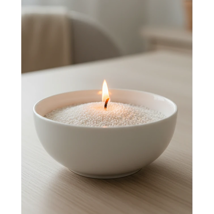 White Scented Candle Sand Kit – Dark Honey, single flame in white candle sand in a cream bowl