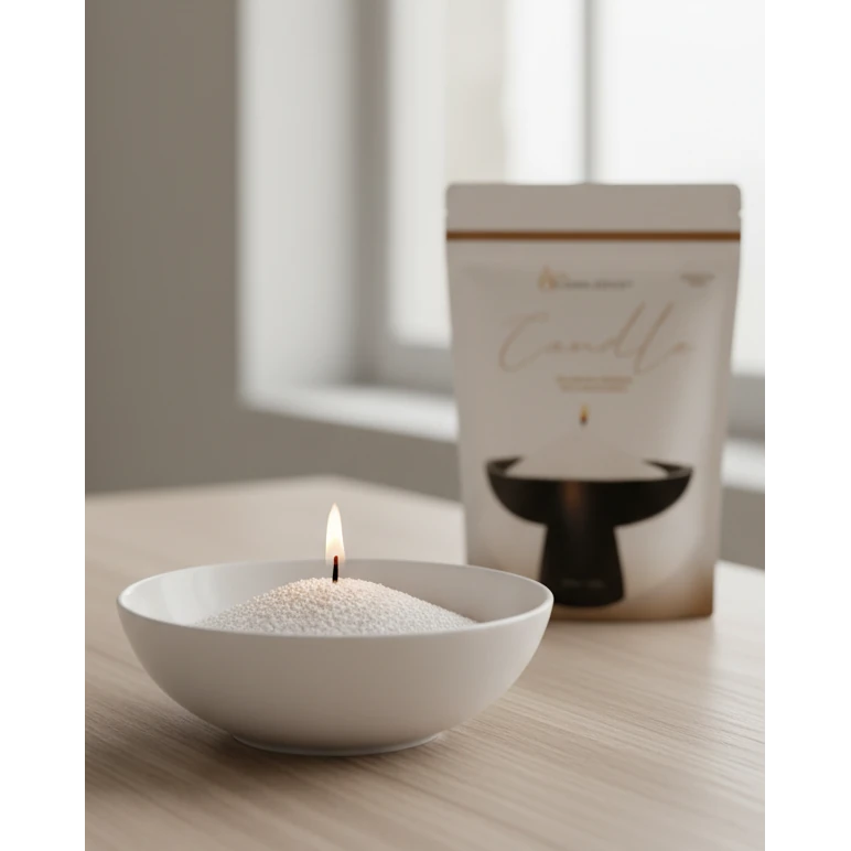 White Scented Candle Sand Kit – Diamond Dust, Diamond Dust candle-sand pouch beside a lit white bowl