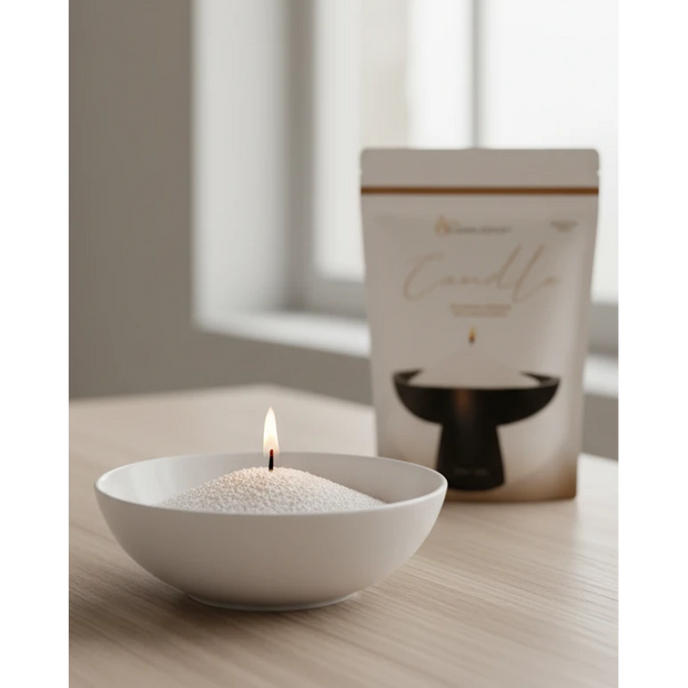 White Scented Candle Sand Kit – Diamond Dust, Diamond Dust candle-sand pouch beside a lit white bowl