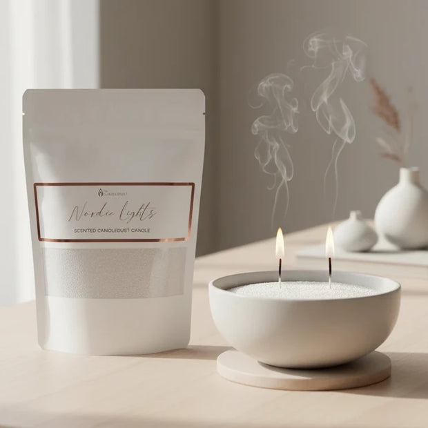 White scented candle sand kit by The Candledust, featuring home fragrance with white wax and decorative sand elements.