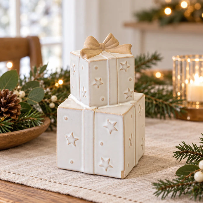 Satchville white stacked Stoneglazed ceramic Christmas gifts displayed together
