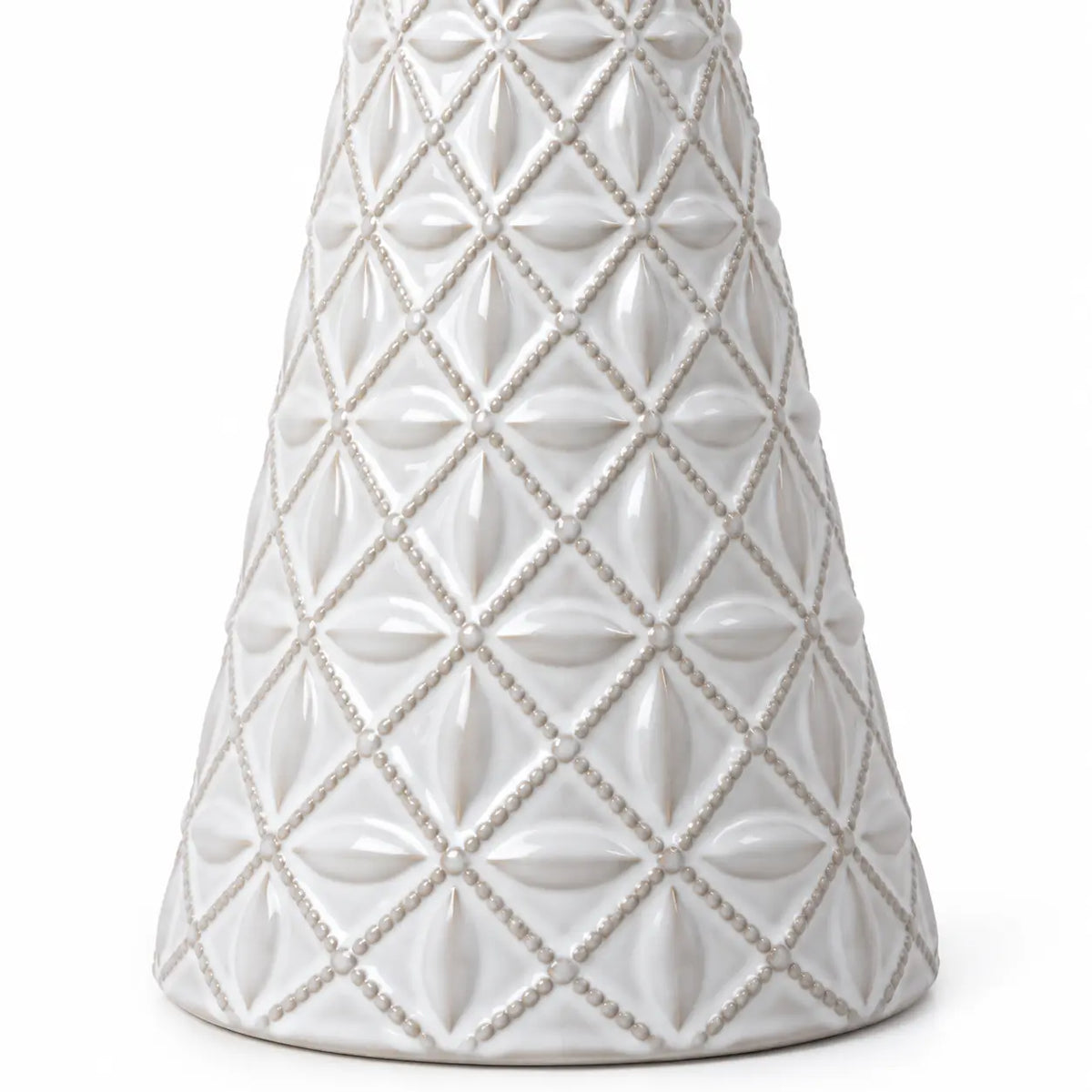 medium white star glazed ceramic Christmas tree close-up of geometric embossed pattern
