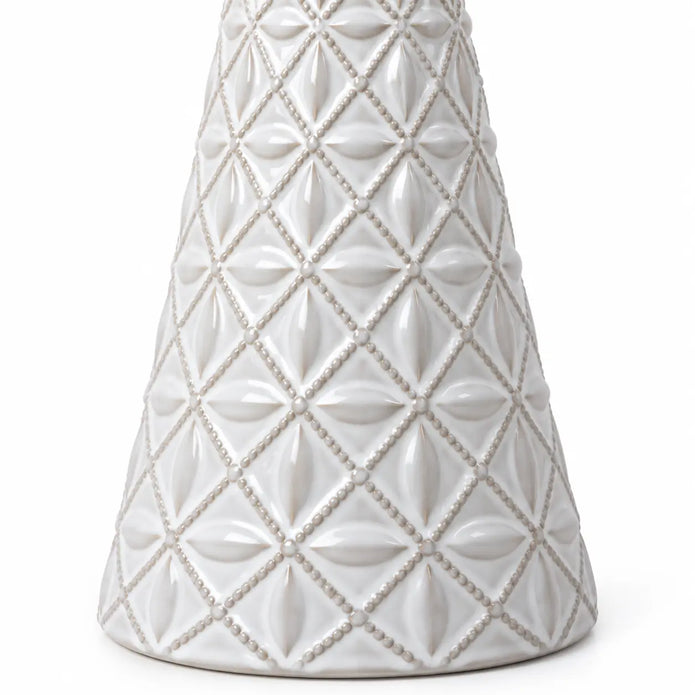 medium white star glazed ceramic Christmas tree close-up of geometric embossed pattern