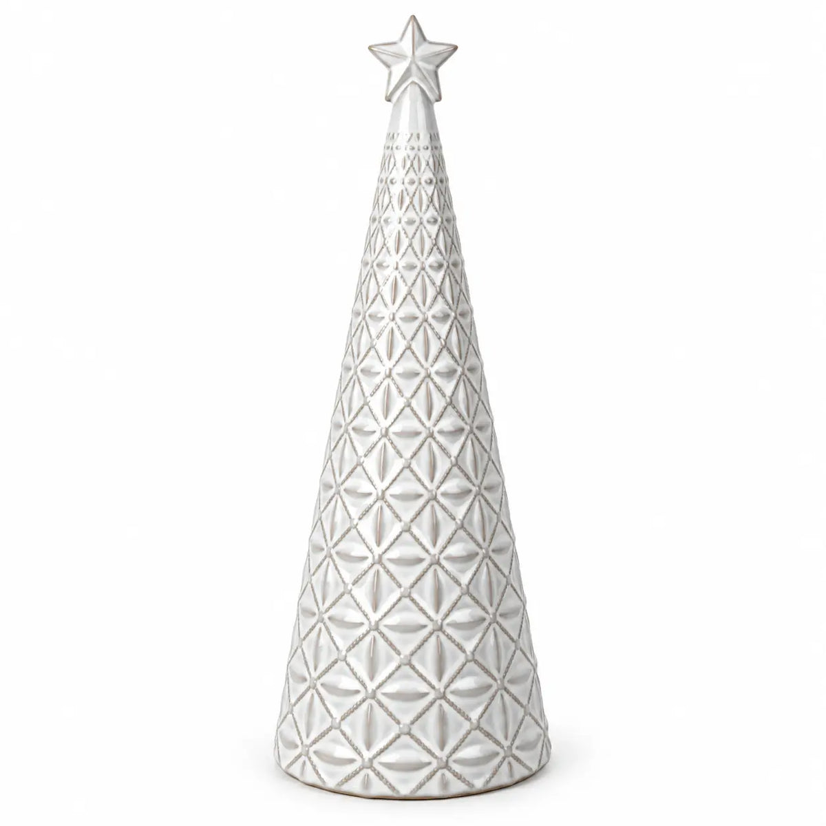 medium white star glazed ceramic Christmas tree full studio view on white