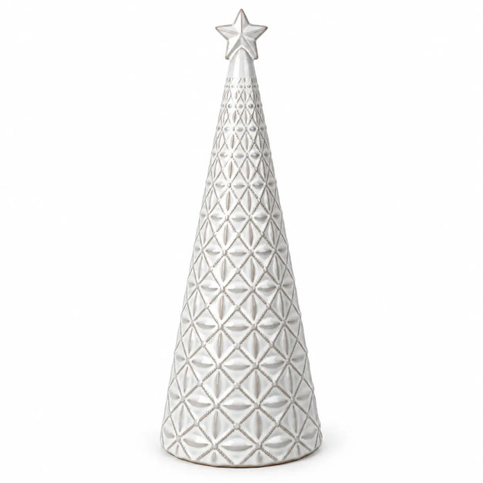 medium white star glazed ceramic Christmas tree full studio view on white