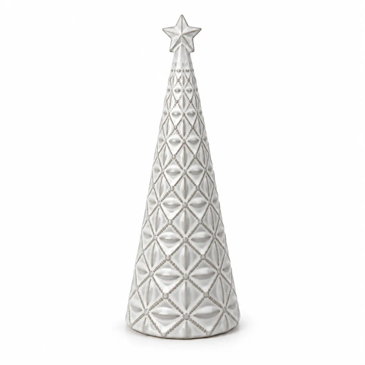 small white star glazed ceramic Christmas tree full studio view on white