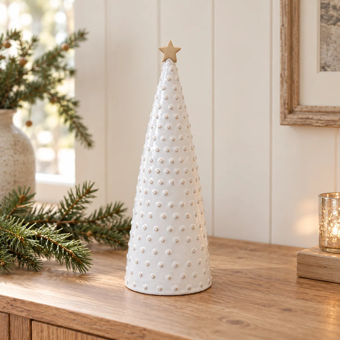 Satchville large white stoneglazed bobbin Christmas tree with gold star topper