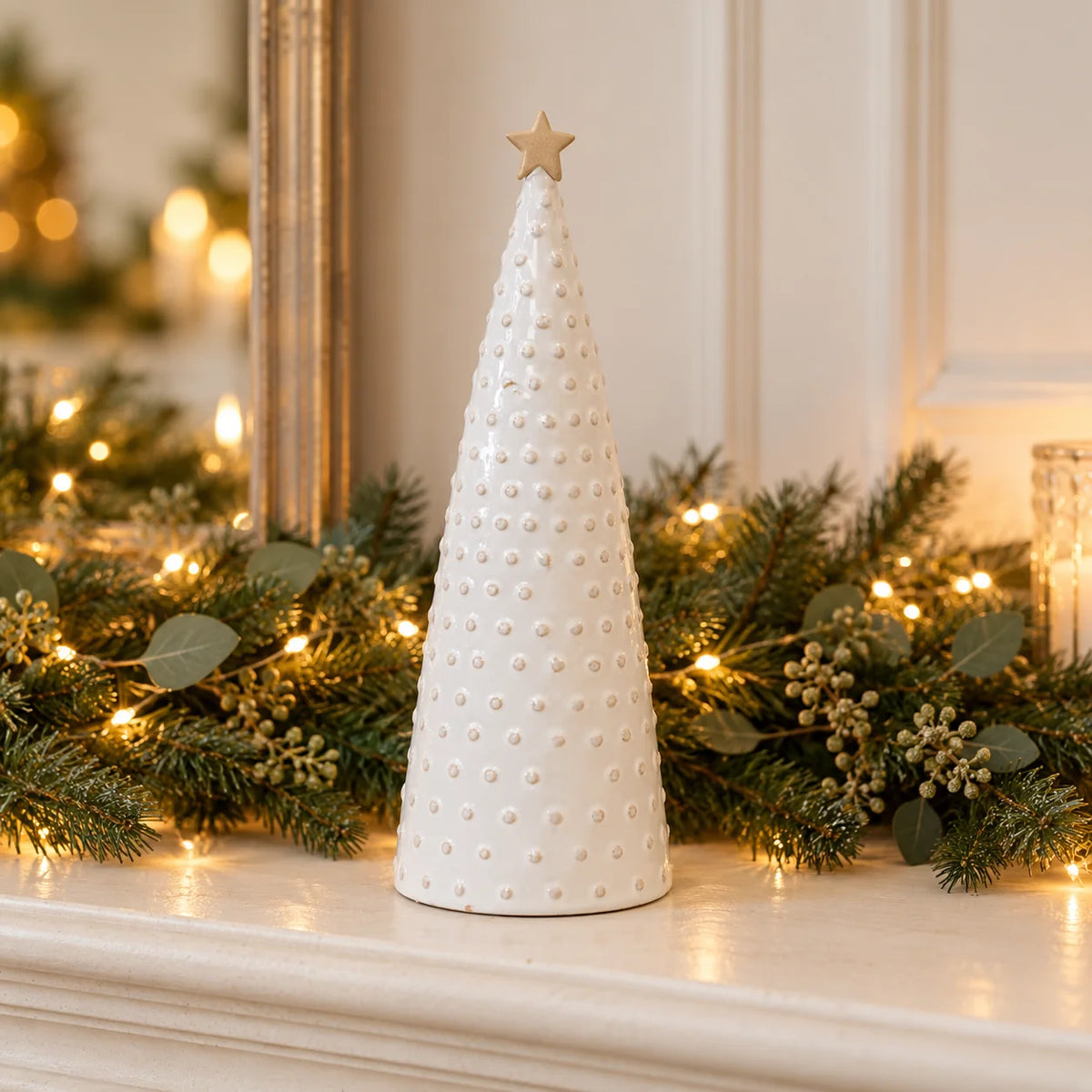 Satchville large white stoneglazed bobbin Christmas tree with gold star accent