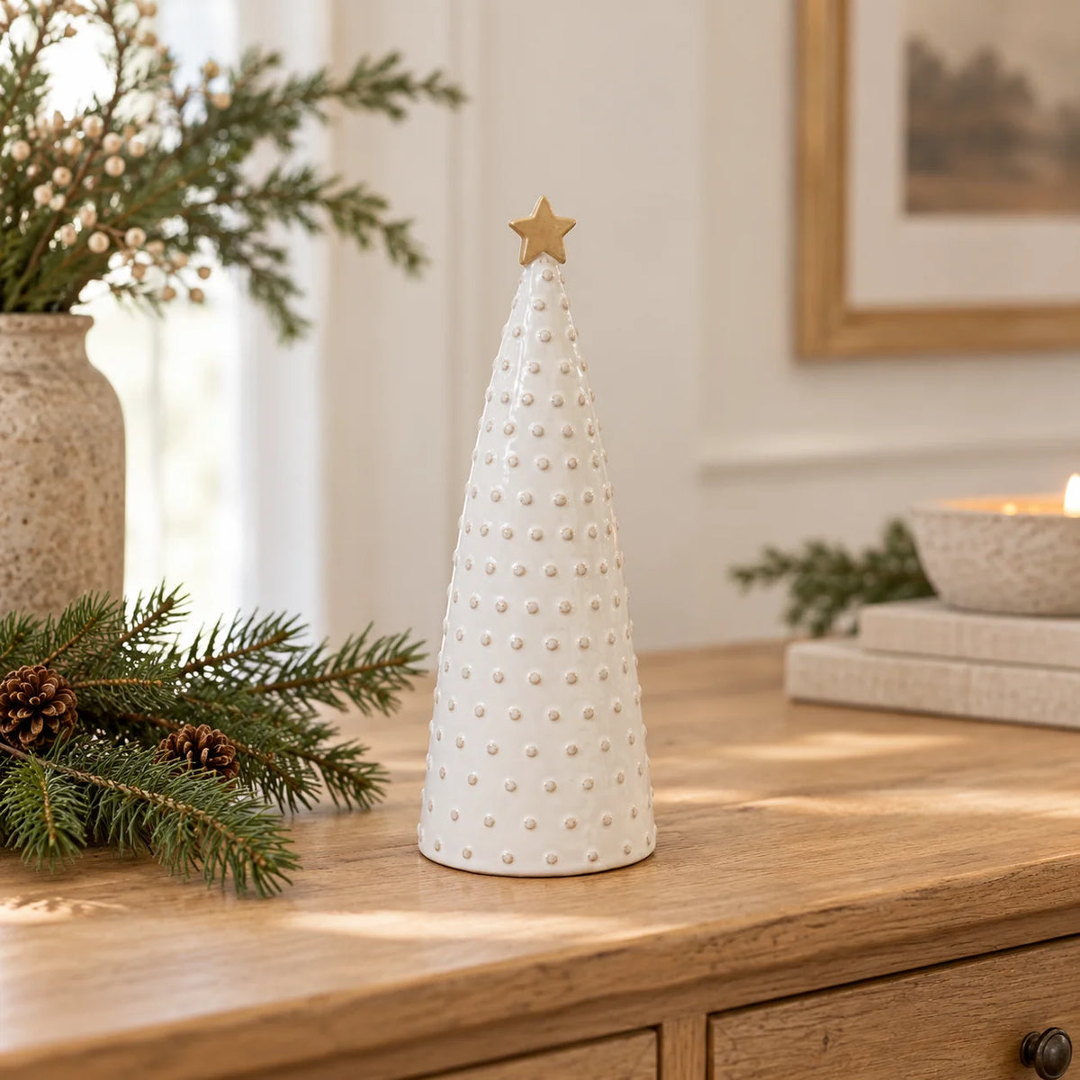 Satchville white stoneglazed bobbin Christmas tree with gold star, medium size
