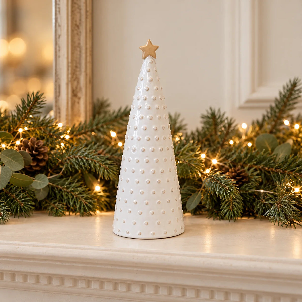 Satchville medium white stoneglazed bobbin Christmas tree with gold star topper