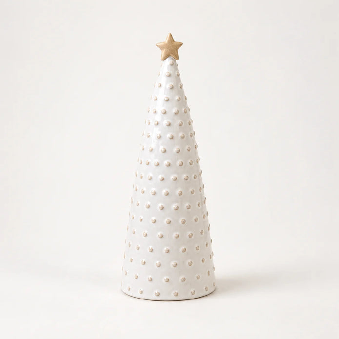 Satchville white stoneglazed bobbin Christmas tree with gold star, medium size