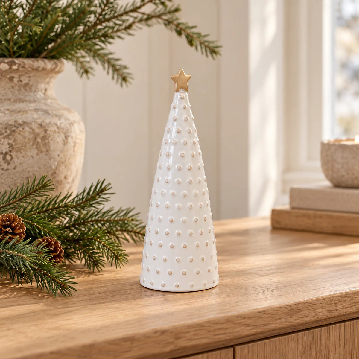 Small Satchville white stoneglazed bobbin Christmas tree with gold star ornament