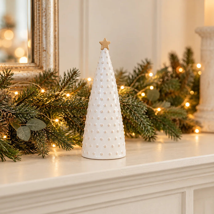 Satchville small white stoneglazed bobbin Christmas tree with gold star topper