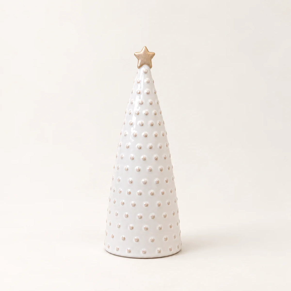 Small white Stoneglazed bobbin Christmas tree with gold star by Satchville