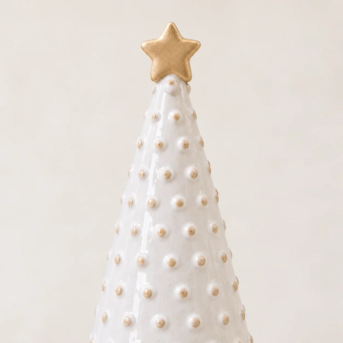 Small white Stoneglazed bobbin Christmas tree with gold star by Satchville